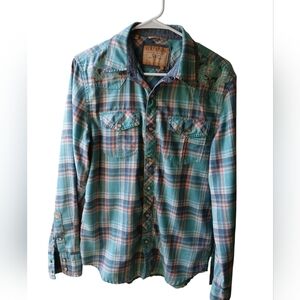 Guess Teal & Pink Plaid Button Down Shirt Women’s Small Casual Long Sleeve Top